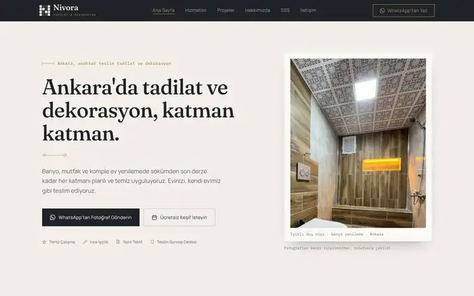 Nivora Tadilat ve Dekorasyon sitesinin ana sayfası